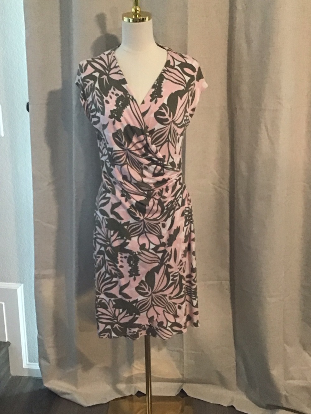 Tommy Bahama Pink and Black Floral Faux-Wrap Midi Dress